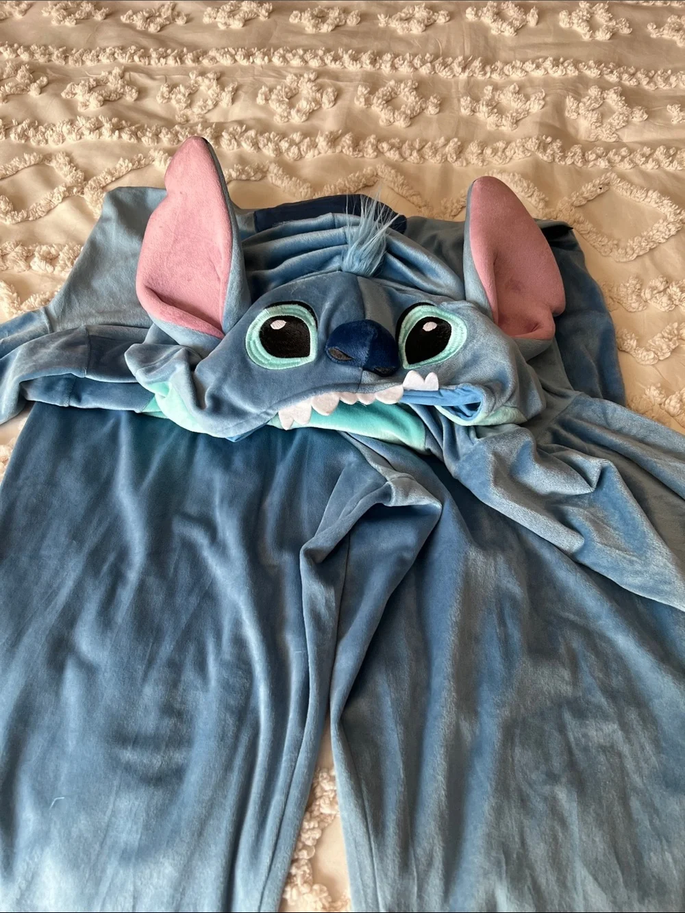 Disney Blue Stitch Hooded Plush Kids Onesie with Pink Ear Lining